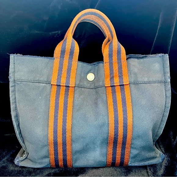 Hermes Handbags - Hermes mini tote authentic in dark blue with rust brown colored stripe